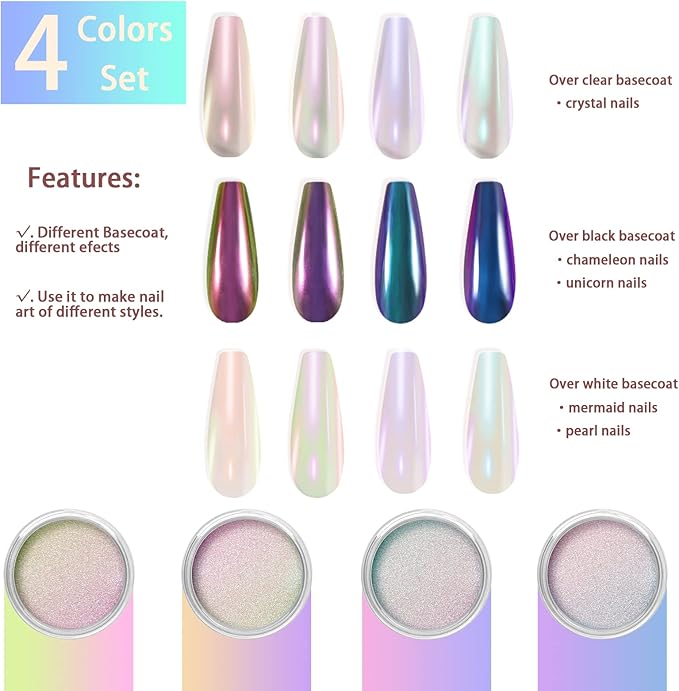 Allstarry White Chrome Nail Powder, 4 PCS Color-Shift Chameleon Mica Powder Pearlescent Pearl Pigment Aurora Chrome Effect Glitter Dust Iridescent for Gel Polish Nail Art Decoration, Resin Craft-Velvo Beauty
