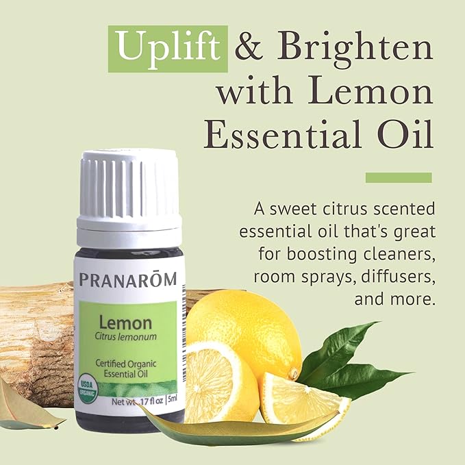 Pranarom USDA Certified Organic Lemon Essential Oil (5ml), 100% Pure Undiluted Therapeutic Grade from Argentina for Aromatherapy, Diffuser, DIY, Cleaning, Fresh Lemon Scent-Velvo Beauty