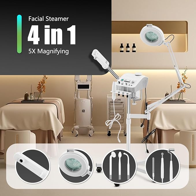 Professional 4in1 Ozone Face Steamer for Deep Hydration with Magnifying Lamp, High Frequency Galvanic for Beauty Spa Shop-Velvo Beauty