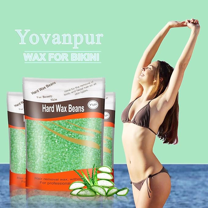 Hard Wax Beads for Brazilian Waxing, At Home Pearl Wax for Bikini, Face, Eyebrow, Legs - 300g (10 Oz) with 10 Wax Spatulas (Light Green-Aloe)-Velvo Beauty