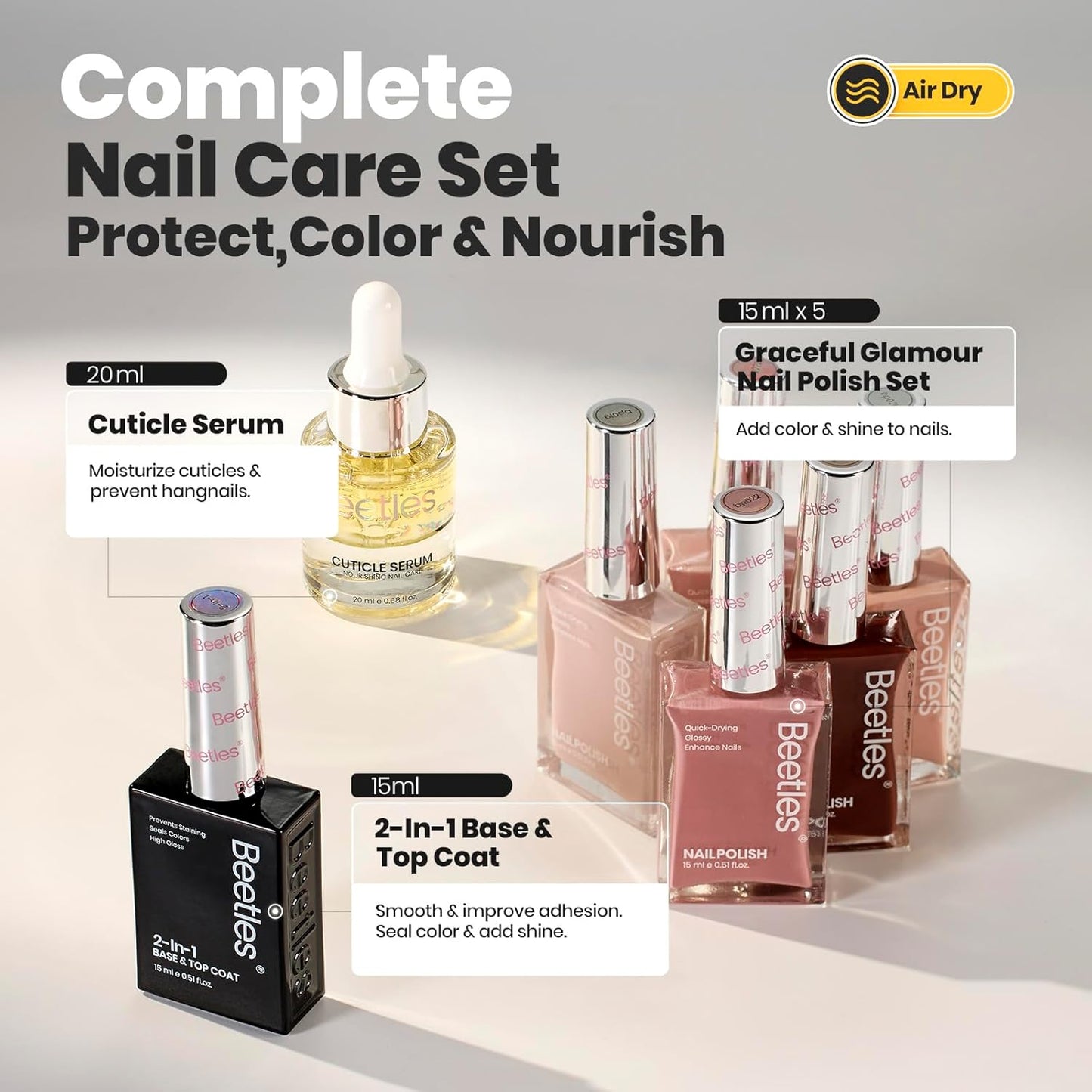 Beetles Nude Nail Polish Set 7Pcs: Fast Drying & Long Lasting Neutral Beige Brown Nail Polish with 2 IN 1 Base & Top Coat and Cuticle Serum, All-in-One Care Nails Gift Sets-Velvo Beauty