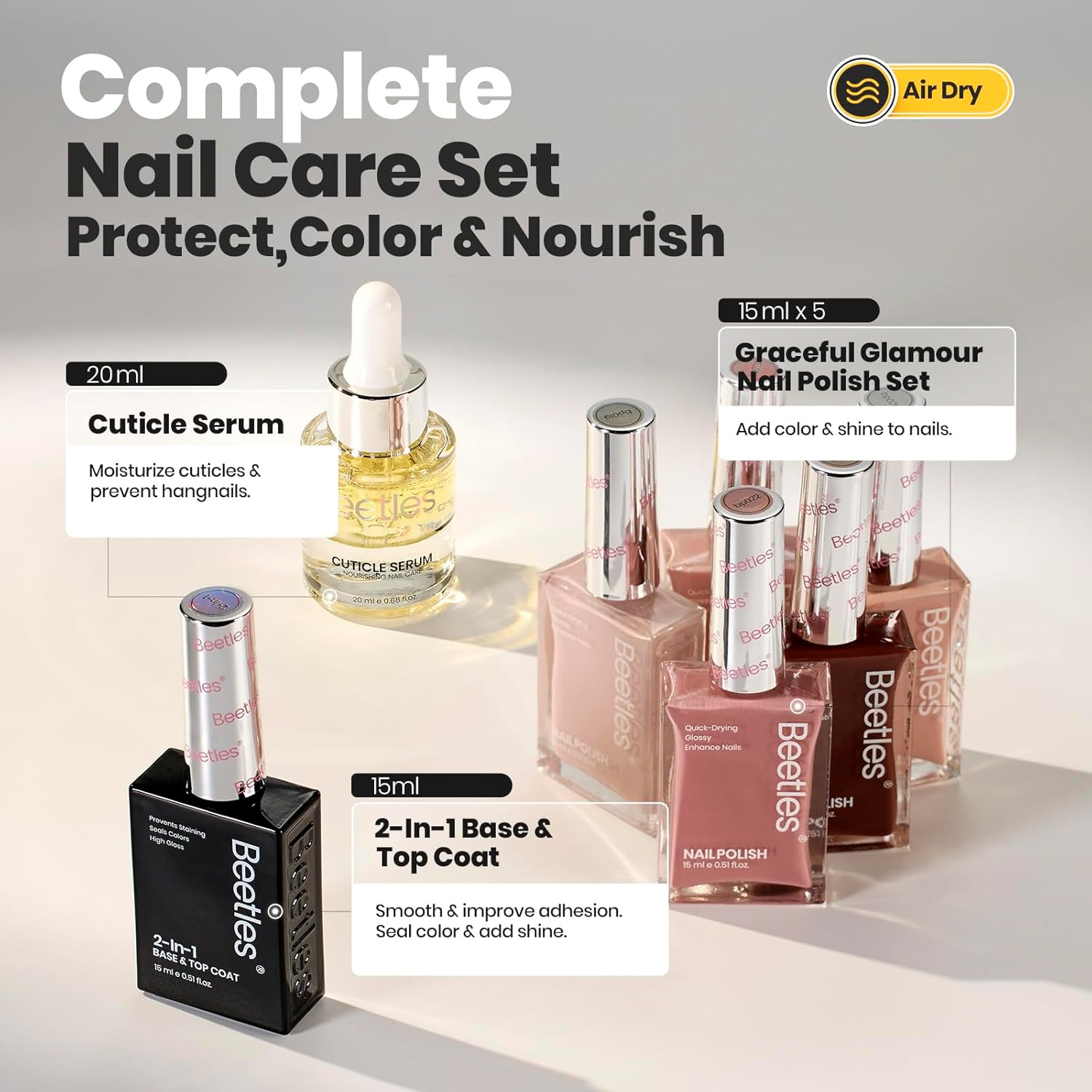 Beetles Nude Nail Polish Set 7Pcs: Fast Drying & Long Lasting Neutral Beige Brown Nail Polish with 2 IN 1 Base & Top Coat and Cuticle Serum, All-in-One Care Nails Gift Sets-Velvo Beauty