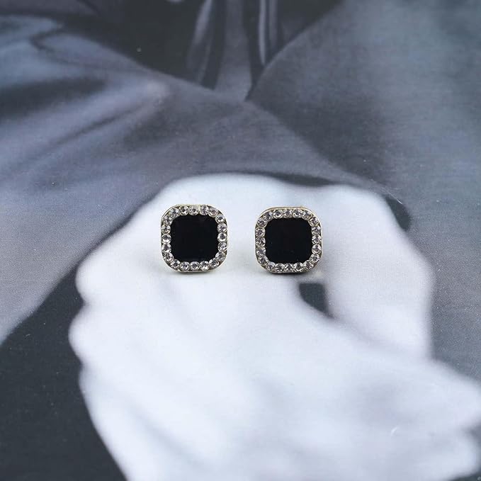 Vintage Black Square Crystal Earrings Black Cz Stud Earrings Rhinestone Diamond Earrings Geometric Onyx Earrings Jewelry for Women and Girls-Velvo Beauty