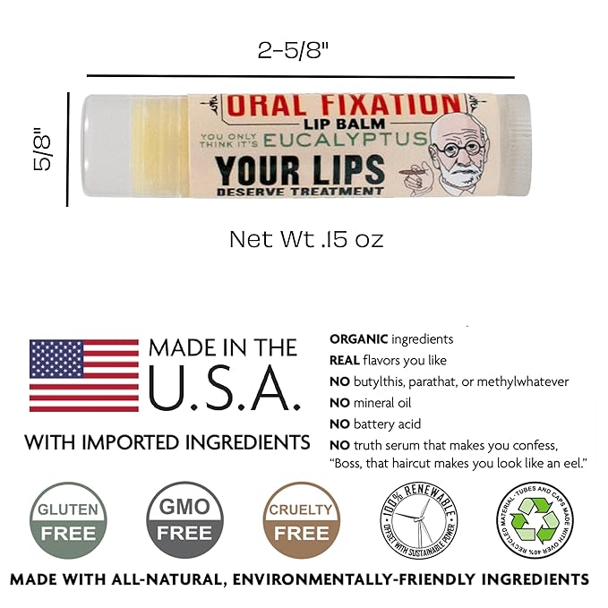 Sigmund Freud's Oral Fixation Lip Balm Tube, Eucalyptus Mint Flavored - Cruelty-Free and Made in The USA from Natural and Imported Ingredients-Velvo Beauty