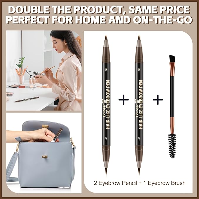 Boobeen 2pcs Waterproof Eyebrow Pen，Dual-Ended Eyeliner Microblading Eyebrow Pencil for Women，Long Lasting Hair-Like Brow Pen with Brow Brush，Dark Brown-Velvo Beauty