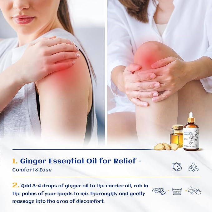 HIQILI Pure Ginger Essential Oil 3.38 Fl Oz, Pure Natural Premium Ginger Oil for Massage, Diffuser, Large Bottle with Dropper & Gift Box -100ml-Velvo Beauty
