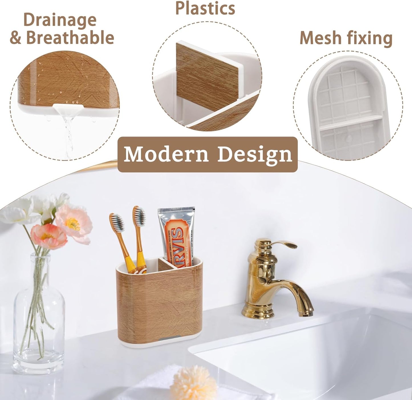 Toothbrush and Toothpaste Holder with Divider for Bathroom Countertop Organizer, 2 Slots Electric Toothbrush Holders Storage Caddy Drainage for Family, Kids(Wood Grain)-Velvo Beauty