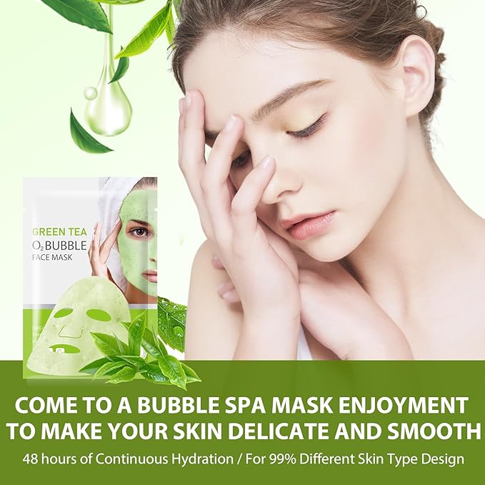 10 Sheets Face Masks Skincare O2 Bubble Green Tea Face Mask, Cleaner Bubble Sheet Masks Foaming Purifying Facial Mask for Pores, Moisturizing Spa Face Masks Skin Care For All Skin Type-Velvo Beauty