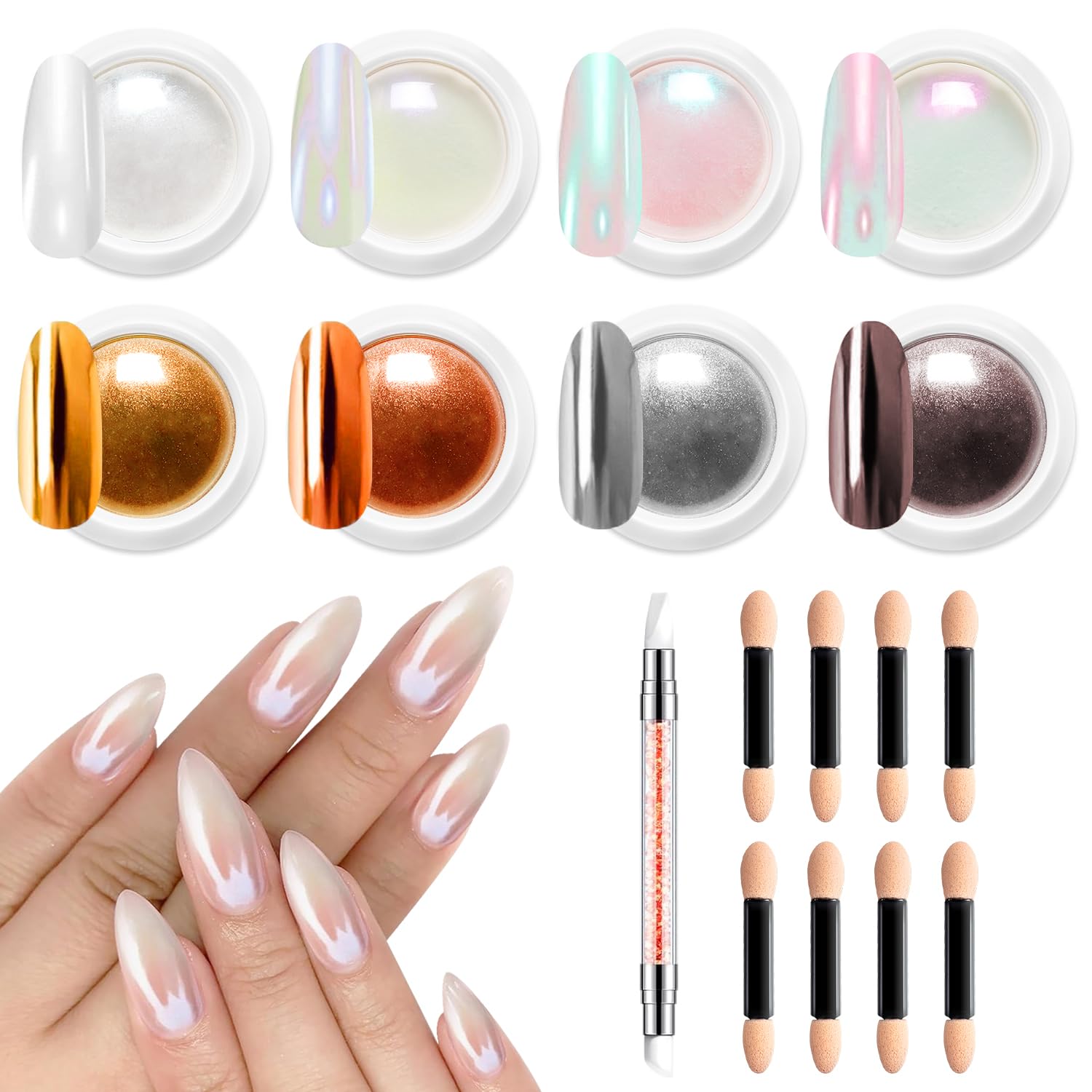 Mermaid Pearl Chrome Nail Powder: 8 Colors Mirror Effec Chocolate/Coffee/Copper Chrome Nail powder，Magic Mermaid Pink Chrome Nail Powder Pigment for Nail Art Design Home DIY（Purple/Green）-Velvo Beauty