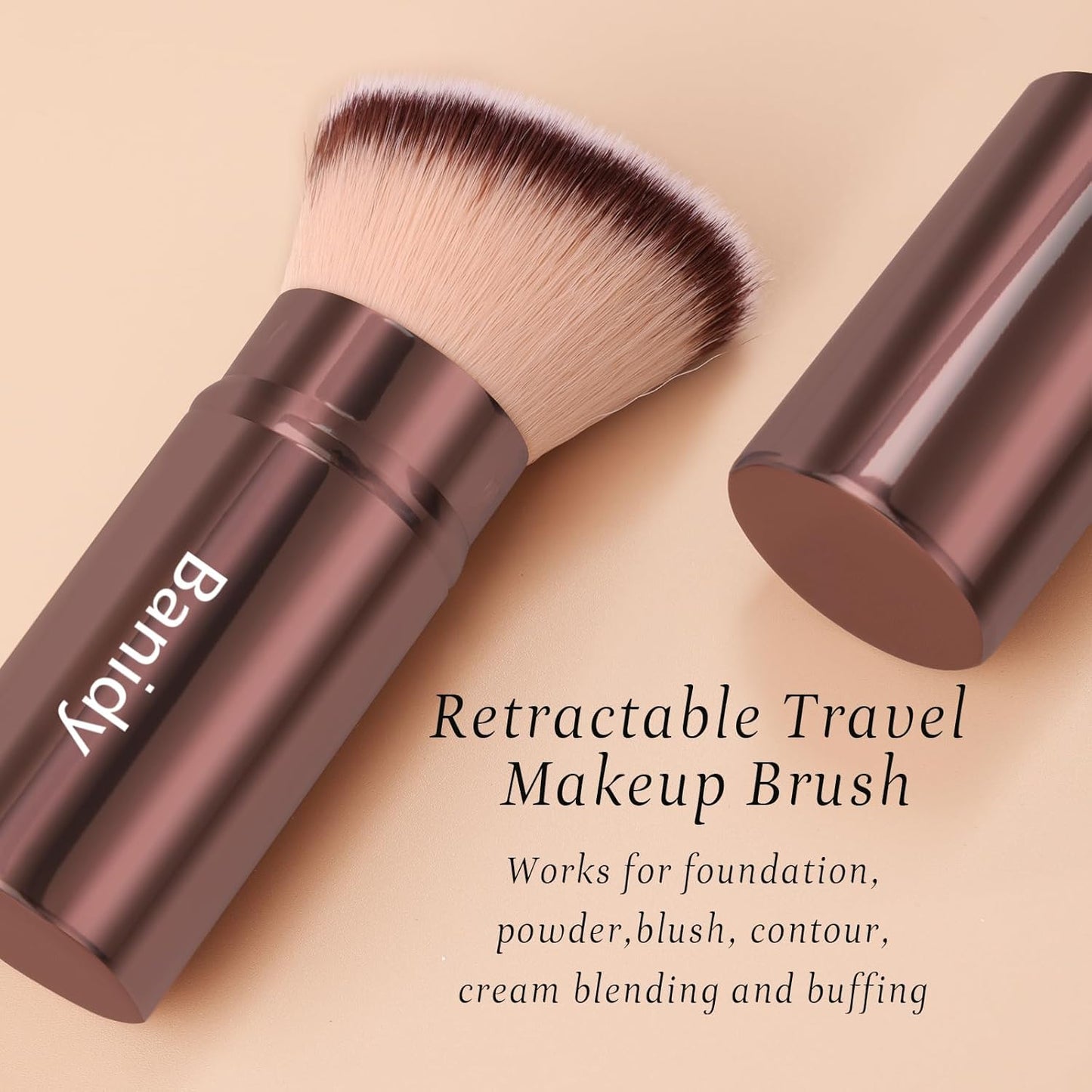 Makeup Brush Kabuki Face Brushes Retractable Travel Blush Kabuki Brush Portable Flawless for Foundation, Powder Blush, Bronzer, Buffing, Liquid, Cream, Cruelty Free with Cover(Brown)-Velvo Beauty
