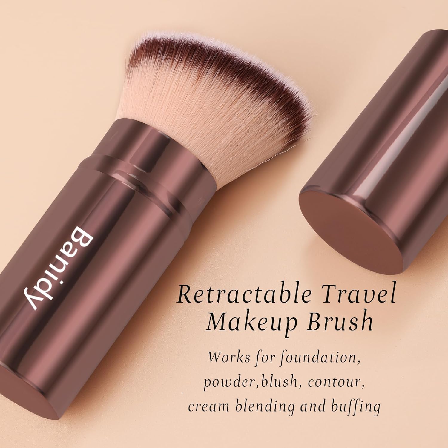 Makeup Brush Kabuki Face Brushes Retractable Travel Blush Kabuki Brush Portable Flawless for Foundation, Powder Blush, Bronzer, Buffing, Liquid, Cream, Cruelty Free with Cover(Brown)-Velvo Beauty