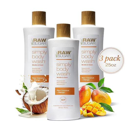 RAW SUGAR Simply Body Wash - Raw Coconut + Mango, Moisturizing & Soothing Bath & Shower Gel, Sulfate-Free, Paraben-Free & Vegan (Pack of 3)-Velvo Beauty