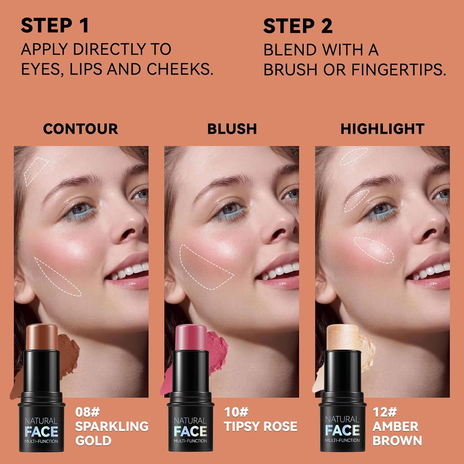 3Pcs Cream Contour Stick Makeup Kit, Shades with Highlighter, Blush and Bronzer Contour Stick for Sculpt the Cheeks, Long Lasting, Waterproof, Matte & Dewy Finish LIGHT FAIR(8+10+12)-Velvo Beauty