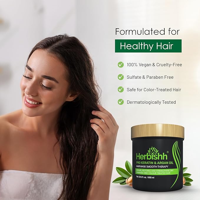 Herbishh Argan Hair Mask-Deep Conditioning & Hydration For Healthier Looking Hair- for very Dry, Weak, Stressed Out Hair, No Sulphates, No Parabens (800ML)-Velvo Beauty