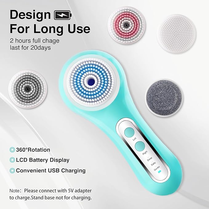 Face Scrubber Exfoliator,Facial Cleansing Brush Rechargeable IPX7 Waterproof with 5 Brush Heads,Electric Face Spin Brush for Exfoliating, Massaging and Deep Cleansing-Velvo Beauty