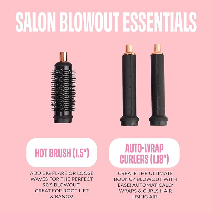 FoxyBae Super Styler Pro Interchangeable 5 in 1 Hair Styler Wand Curling Iron Set - w/Drying Cylinder, Ceramic Blowout & Round Brushes, 2 Auto-Wrap Curlers - Frizz-Free, Smooth Hair [Black Rose-Gold]-Velvo Beauty