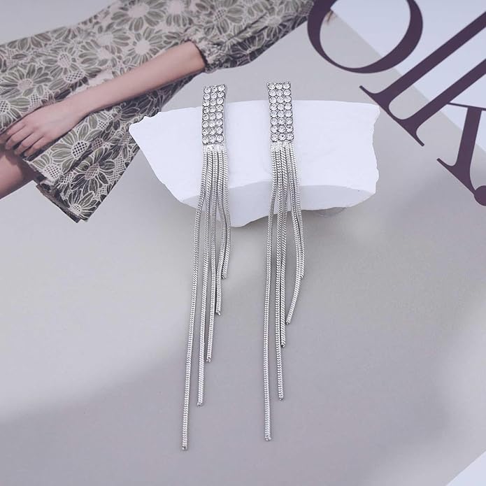 Vintage Rhinestone Dangle Earrings Gold Sleek Chain Drop Earrings Crystal Long Chain Tassel Earrings Sleek Metal Chain Earrings Jewelry for Women-Velvo Beauty