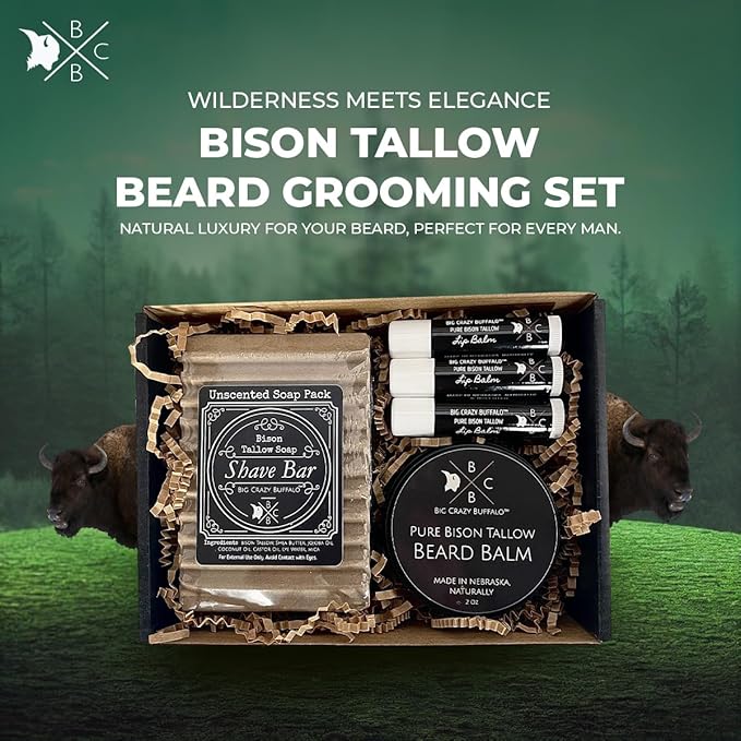 Pure Bison Tallow Beard Gift Set - Shave Bar, Beard Balm, Unscented Lip Balm - Conditions, Strengthens, Moisturizes, Soothes, Softens, Naturally Derived, No Dyes, Naturally Derived-Velvo Beauty