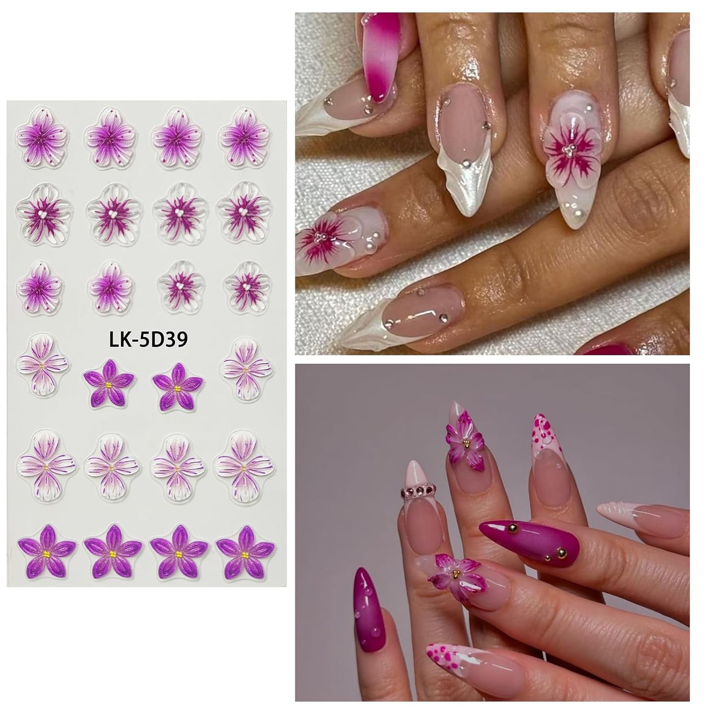 Flower Nail Art Stickers 5D Embossed Flower Nail Decals Spring Summer Pink Flowers Nails Design 3D Self-Adhesive Accessories for Women Nails DIY Decoration(6 Sheets)-Velvo Beauty