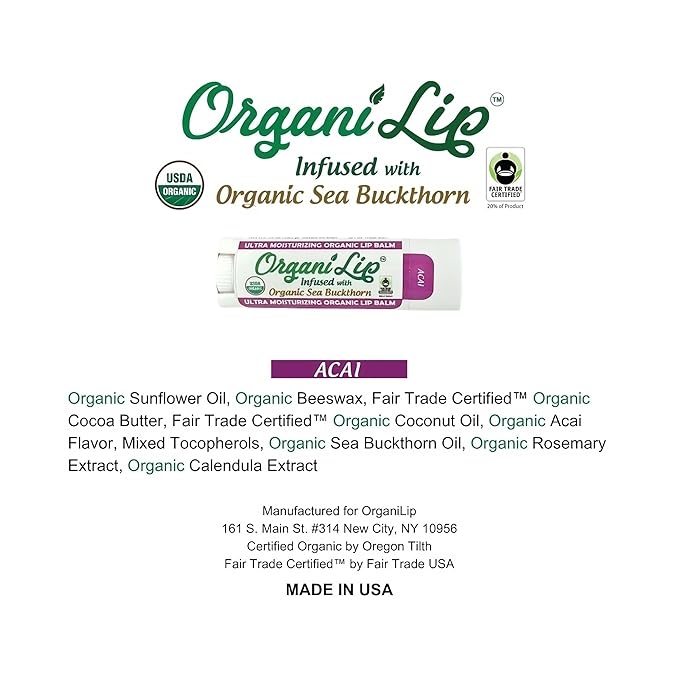 OrganiLip Organic Lip Balm, Acai Flavor, Ultra Hydrating Lip Moisturizer for Cracked or Dry Lips, Oval Shaped Tube, USDA Certified Organic, 3 Pack-Velvo Beauty