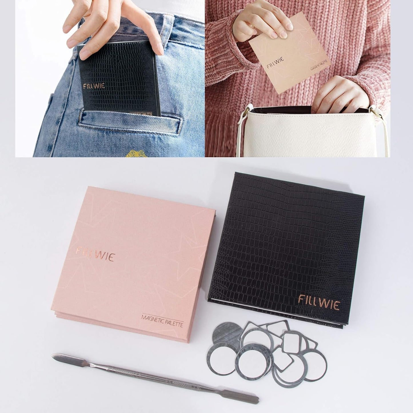 Pink&Black Magnetic Refillable Makeup Palette with Mirror – Lightweight, Durable, Travel-Ready Case for Eyeshadow, Blush, Lipstick – Includes Spatula & 20 Stickers – Small, Waterproof Paperboard-Velvo Beauty