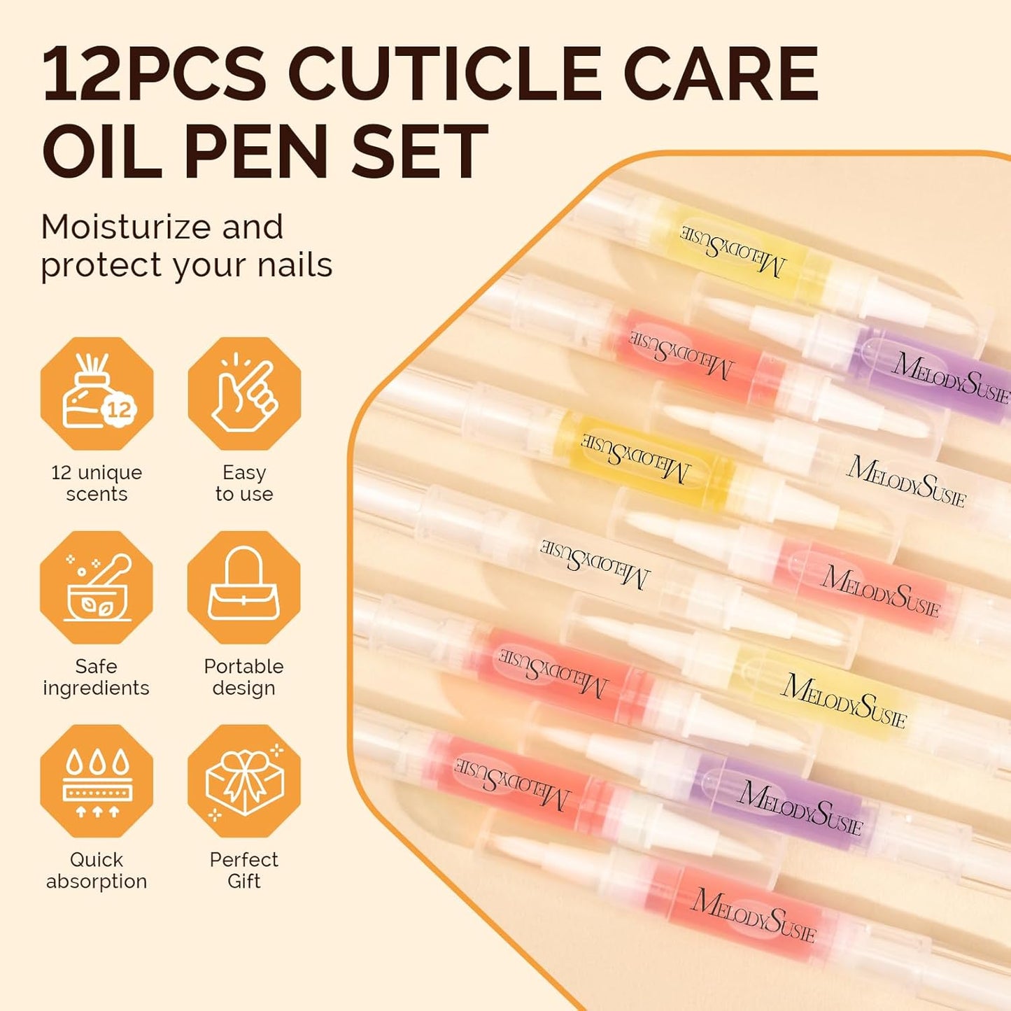 MelodySusie 12Pcs Cuticle Oil Pen Set,Nail Moisturizing Cuticle Oil Enriched with Vitamin E,Softens and Repairs cuticles,Nail Strengthener,Protects Damaged Skin,Thin Nails-Velvo Beauty