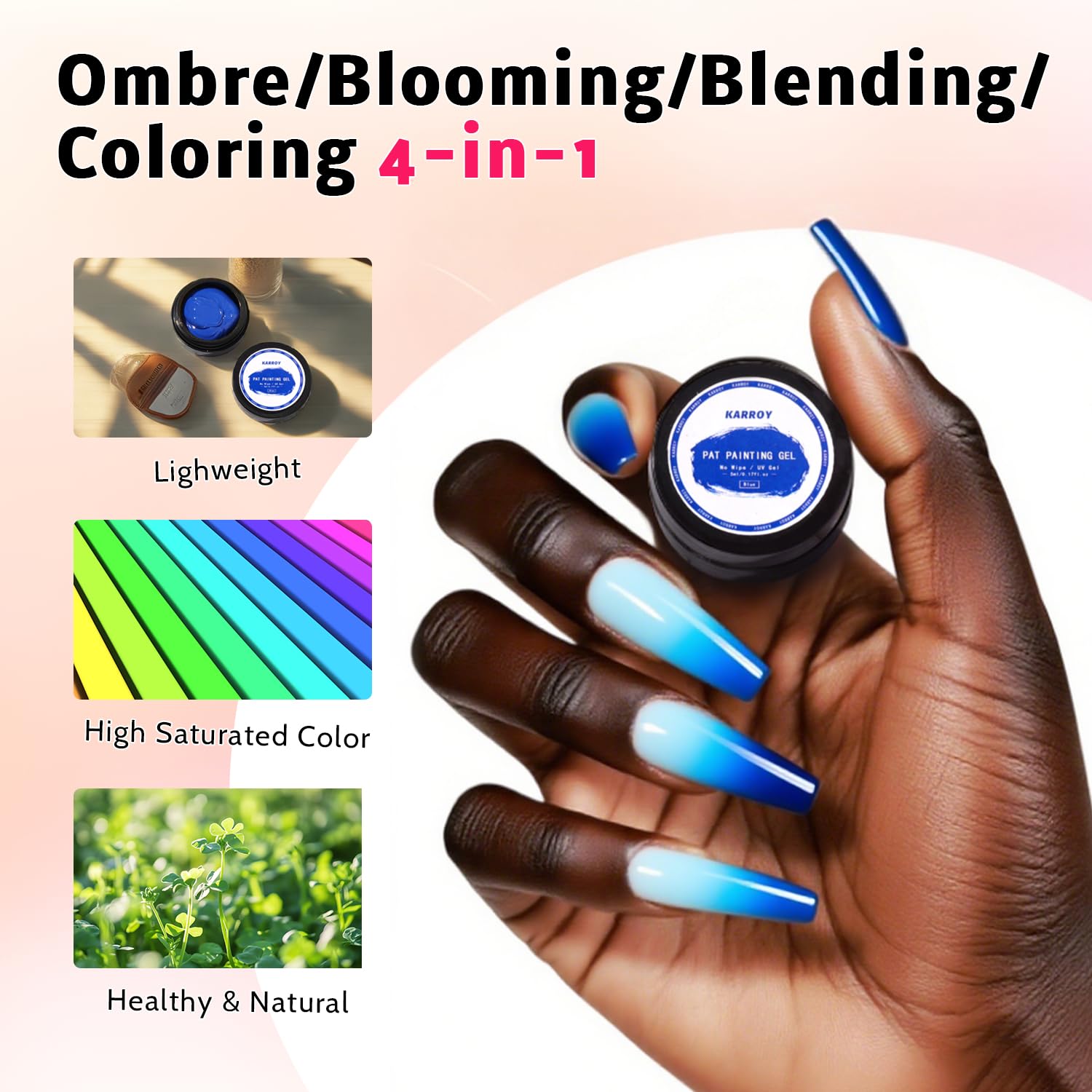 Sponge Pat Paint Nail Gel, Blending Colors Ombre Nails Gradient Gel Nail Blush Blooming Aura Nails Drawing Stripper Floral Painting Nail Art, No Wipe, UV/LED Curing 5ml 1PC (Blue)-Velvo Beauty