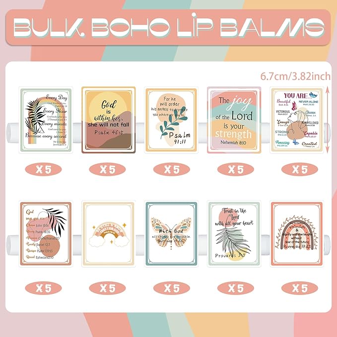50 Pack Lip Balm Religious for Women Boho Christian Lip Balm with Scripture Bulk Lipsticks Gifts Faith Bible Verse Scripture Inspirational Gift Party Favors Coworkers 10 Styles-Velvo Beauty