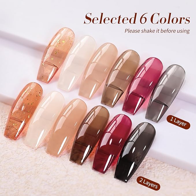 Born Pretty Jelly Gel Nail Polish Set Fall Winter Brown Blood Red Burgundy Black Gel Polish Sheer Milky Nude Transparent Halloween Gel Polish Set Nail Art Varnish Manicure Collection Gift 7ML 6PCS-Velvo Beauty