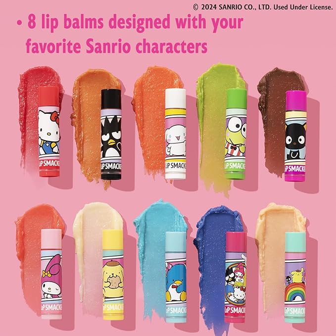 Lip Smacker Sanrio Hello Kitty and Friends 8-Piece Flavored Lip Balm, Clear, For Kids, My Melody, Little Twin Stars, and Chococat-Velvo Beauty