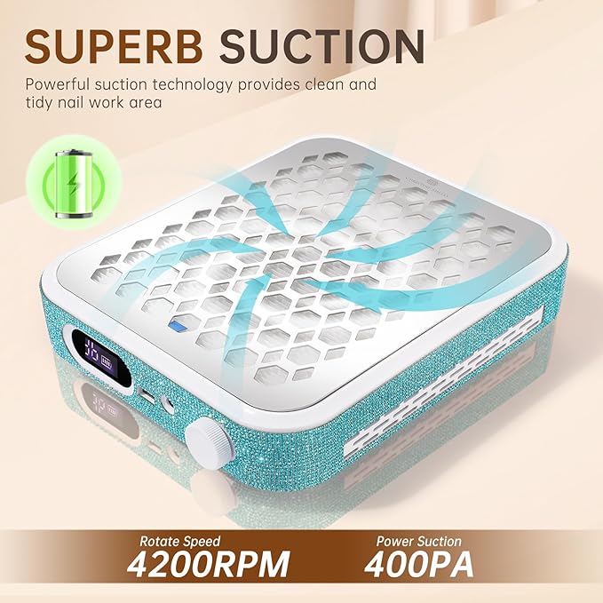 Nail Dust Collector, Rechargeable Dust Collector Nail Tech, Powerful Vacuum Fan Vent Dust Collector Extractor Dust Suction Machine for Acrylic Nails Polishing, Nail Salon&Home, Blue-Velvo Beauty