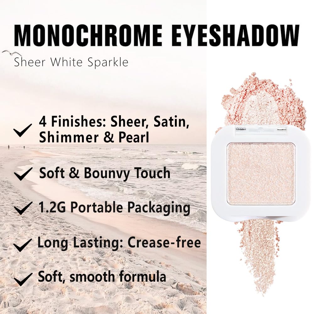 Glittler Single Eye Shadow Palette Makeup, Sheer White Sparkle Shimmer Monochrome Eyeshadow For Old Women, Pigmented Waterproof Sombras Para Ojos, Vegan, Talc, Paraben & Cruelty Free, 02-Velvo Beauty