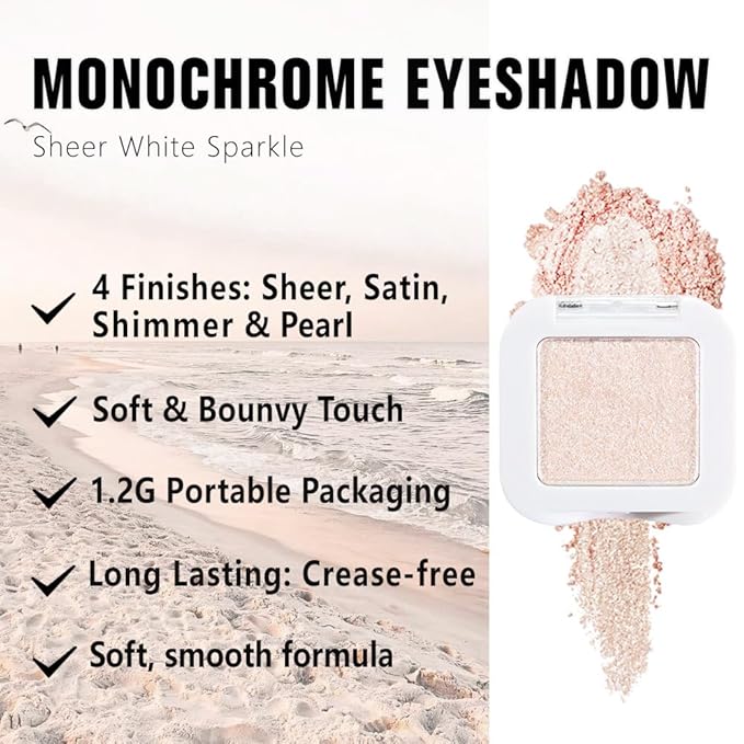 evpct Pear White Shimmer Single Eye shadow Palette Makeup for Older Women, Glitter Sparkly Pearl Shimmer Cream Eyeshadow Palette Brightener Make up, High Pigment Waterproof Monochrome Mini Eyeshadow-Velvo Beauty