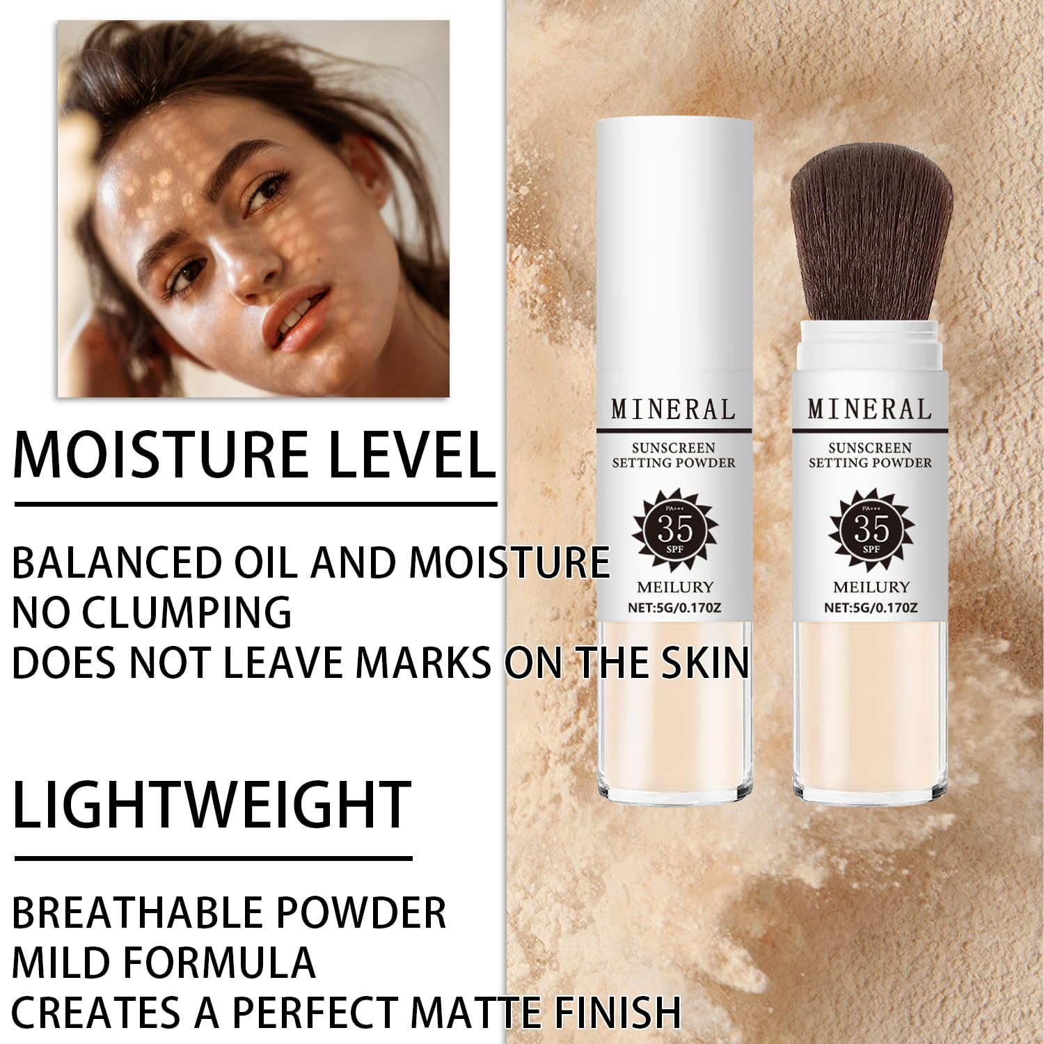 Sunscreen Setting Powder SPF 35, Mineral Brush Powder for Face & Scalp, Oil Control Natural Matte Finish Loose Powder Translucent Lasting Lightweight Breathable for All Skin (#02 Fair)-Velvo Beauty