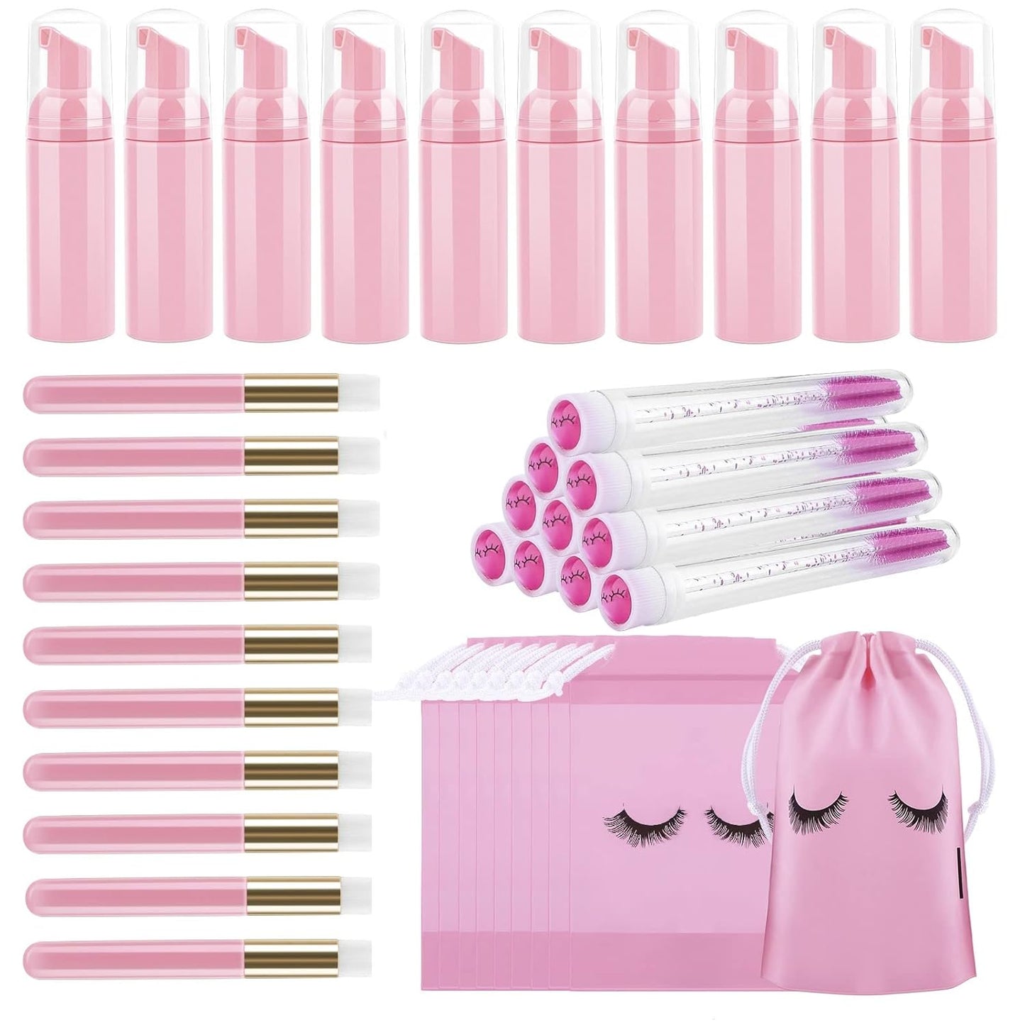 homicozy 40 Pcs Lash Shampoo Bottle Brushes Set, 10 Pcs Lash Shampoo Brushes, 10 Pcs Lash Brushes Tubes, 10 Pcs Eyelash Shampoo Dispensers, 10 Pcs Lash Aftercare Bag for Clients, Women,Girls (Pink)-Velvo Beauty