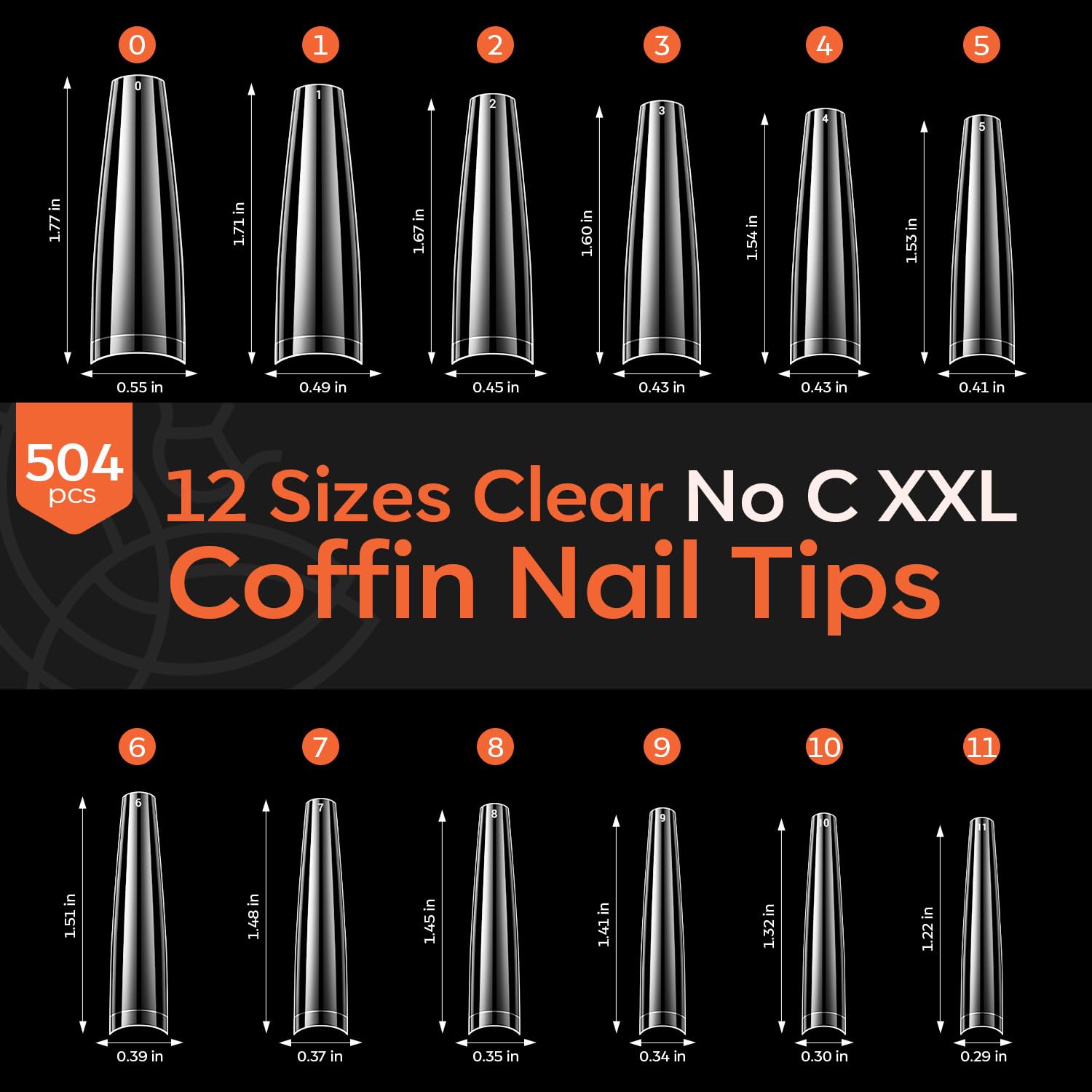 modelones XXL Long Coffin French Nail Tips, 504 PCS No C Curve Half Cover Clear Acrylic Fake Nails Tips Gel Pre-shaped 12 Sizes with Box-Velvo Beauty