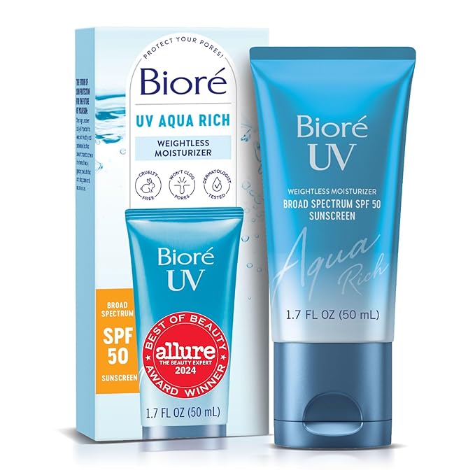 Bioré UV Aqua Rich Daily Hydrating Facial Moisturizer with SPF 50 | Oil Free Sunscreen & Primer for Makeup with Hyaluronic Acid, No White Cast, Non-Comedogenic, For Sensitive Skin, PA++++, 1.7 Oz-Velvo Beauty