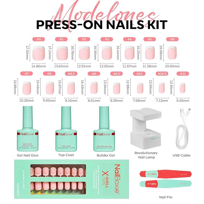 Modelones Gel Nail Kit, Top Coat, Nail Builder Gel, Press On Nails Kit with LED Light, 150 PCS Short Pink Square, 15 Sizes French Tip Press on Nails, Pre-Colored Nail Tips for Easy DIY Nail Art-Velvo Beauty