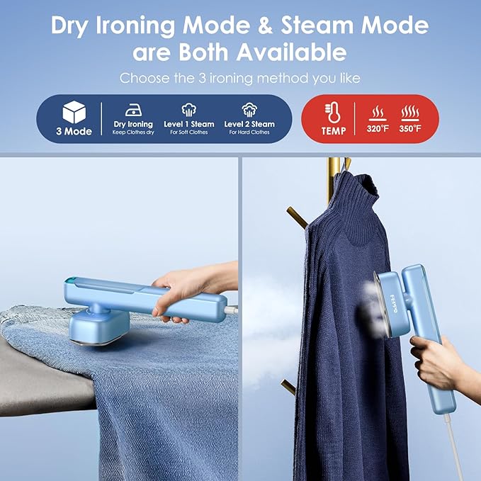 FEPPO Travel Steamer for Clothes, 110-240V Dual Voltage Portable Mini Steamer & Iron 2in1, 1100W Powerful Garment Steamer, Fast Heat Up, Travel Size, HD Display, for Home & Global & Europe Travel-Velvo Beauty