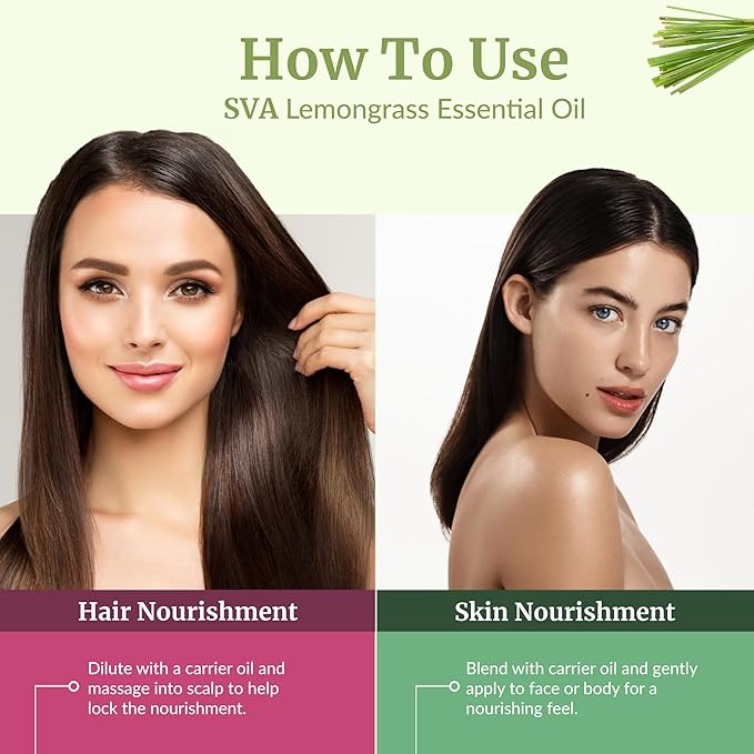 SVA Lemongrass Essential Oil – 4 Fl Oz – 100% Natural Lemongrass Oil - for Diffuser, Hair Care, Face, Skin Care, Aromatherapy, Scalp and Body Massage, Soap and Candle Making - with Dropper-Velvo Beauty