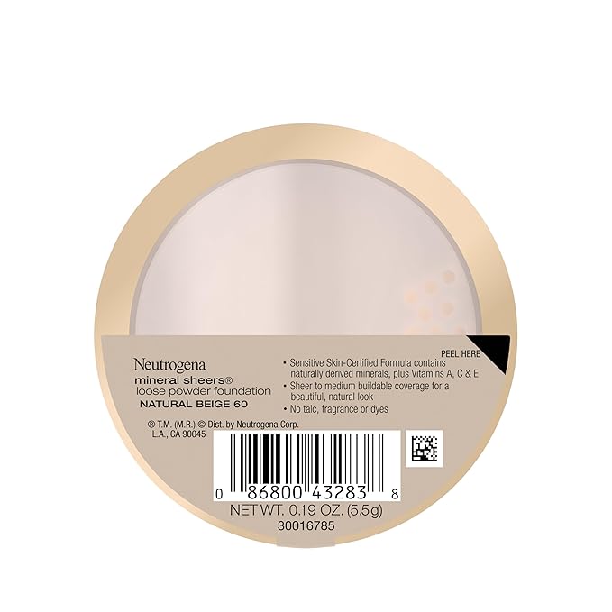 Neutrogena Mineral Sheers Lightweight Loose Powder Makeup Foundation with Vitamins A, C, & E, Sheer to Medium Buildable Coverage, Skin Tone Enhancer, Face Redness Reducer, Natural Beige 60,.19 oz-Velvo Beauty