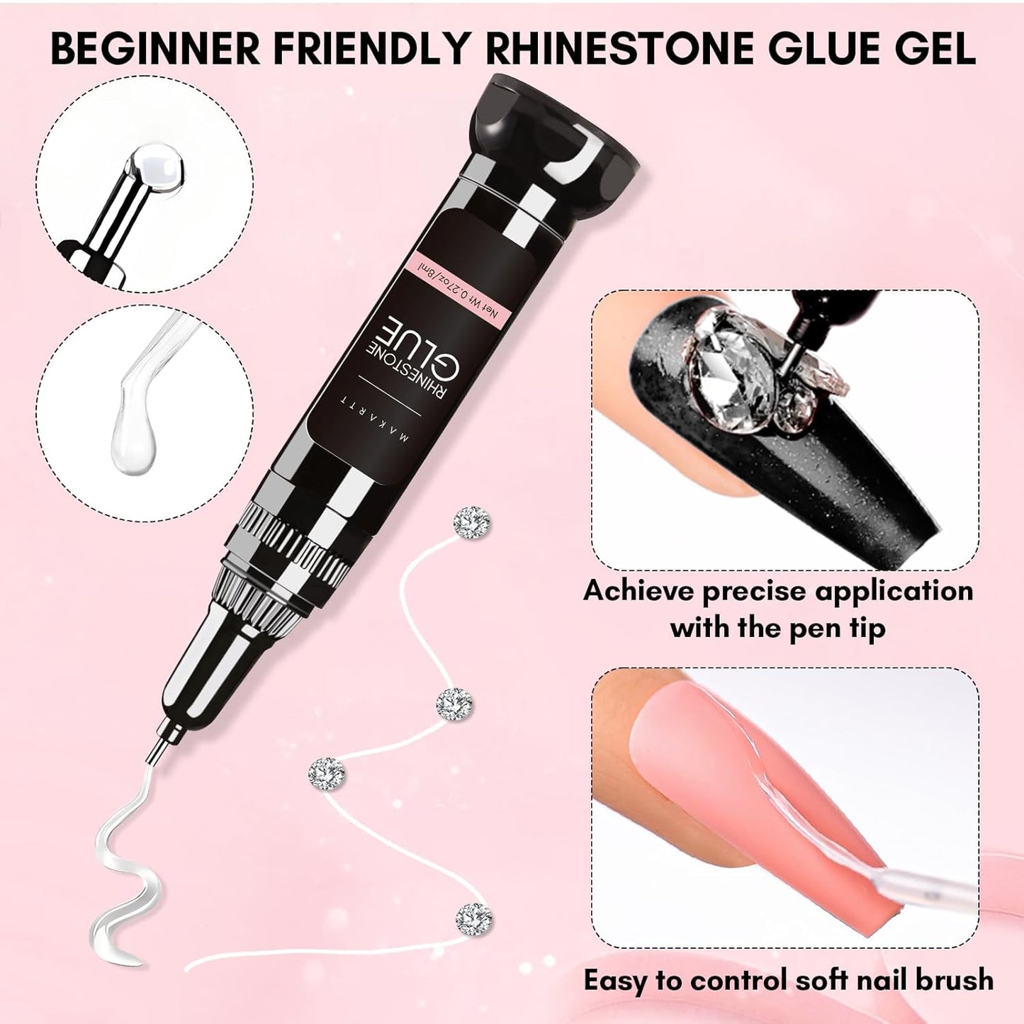 Makartt AB Rhinestones Gel Nail Glue for Gems, 8ML with Half-Round Pearl & Rhinestone Picker Tweezers, Strong Adhesive for Nail Gems, Diamond Art & Nail Charms Decoration-Velvo Beauty
