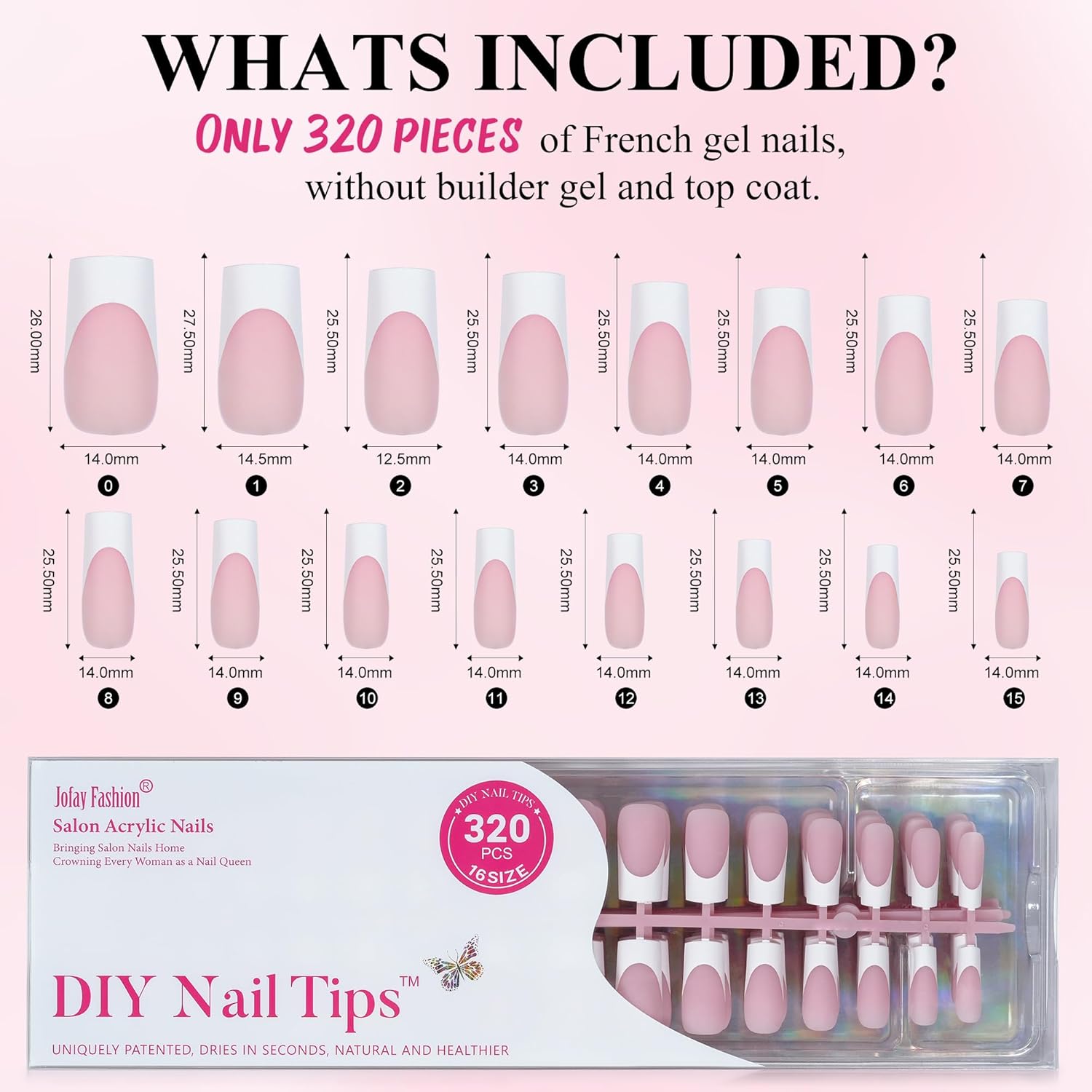 French Gel Nail Tips - Jofay Fashion French Tip Press on Nails, 10-Piece Set 320Pcs Pink long Square Nail Tips, No Need to File 3 in 1 Acrylic Fake Nails for Nail Art DIY & Nail Extension, 16 Sizes-Velvo Beauty