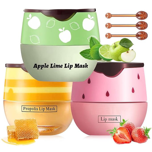 3 PCS Bee Lip Balm Lip Mask Honey Pot, Honey & Strawberry & Apple Lime Lip Mask Overnight Propolis Moisturizing Lip Balm with Stick,Hydrating Repair Lip Sleeping Mask,Prevention Dry and Cracked-Velvo Beauty
