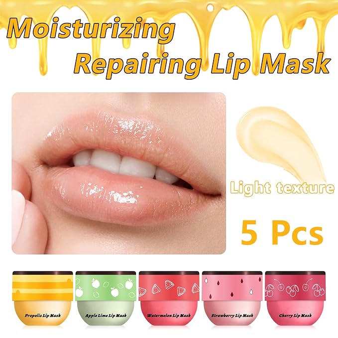 5 PCS Bee Balm Lip Balm Lip Mask Honey Pot, Lip Mask Propolis Moisturizing Lip Balm, Hydrating Prevention Dry and Cracked Lip Scrubs Exfoliator Lip Care (Strawberry&Watermelon&Honey&Apple Lime&Cherry)-Velvo Beauty
