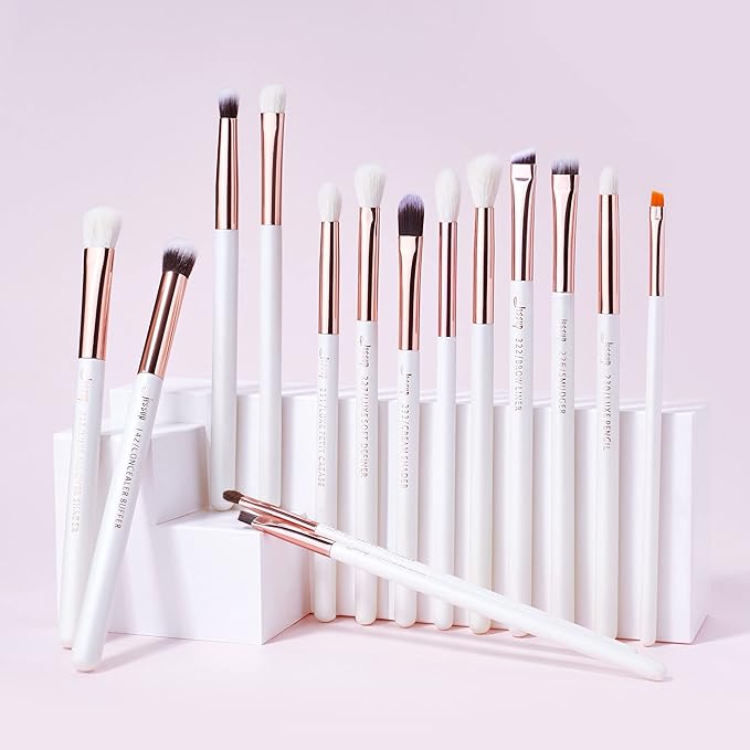 Jessup Eye Makeup Brush Set Professional 15pcs White/Rose Gold Premium Natural-synthetic Eye Shadow Blending Concealer Eye & Brow Liner Brushes, T217-Velvo Beauty