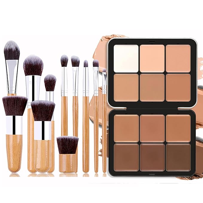 Cream Concealer Contour Palette, 12 Colors Foundation Palette Cream Makeup Palette with 11 Pcs Makeup Brush Set, Long Wearing Blendable Full Coverage-Velvo Beauty