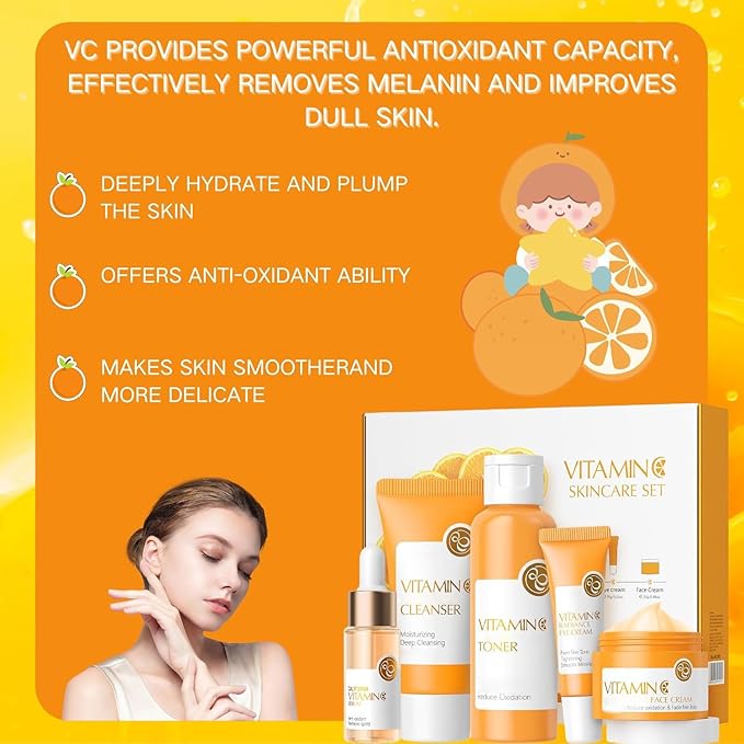 Vitamin C Skincare Set, 5Pcs Skincare Gift Set With Cleanser, Toner, Face Serum, Face Cream, And Eye Cream, Facial Kit for Women, 5-In-1 Skin care Gift Set, Moisturizing Skincare Set For Women Men-Velvo Beauty
