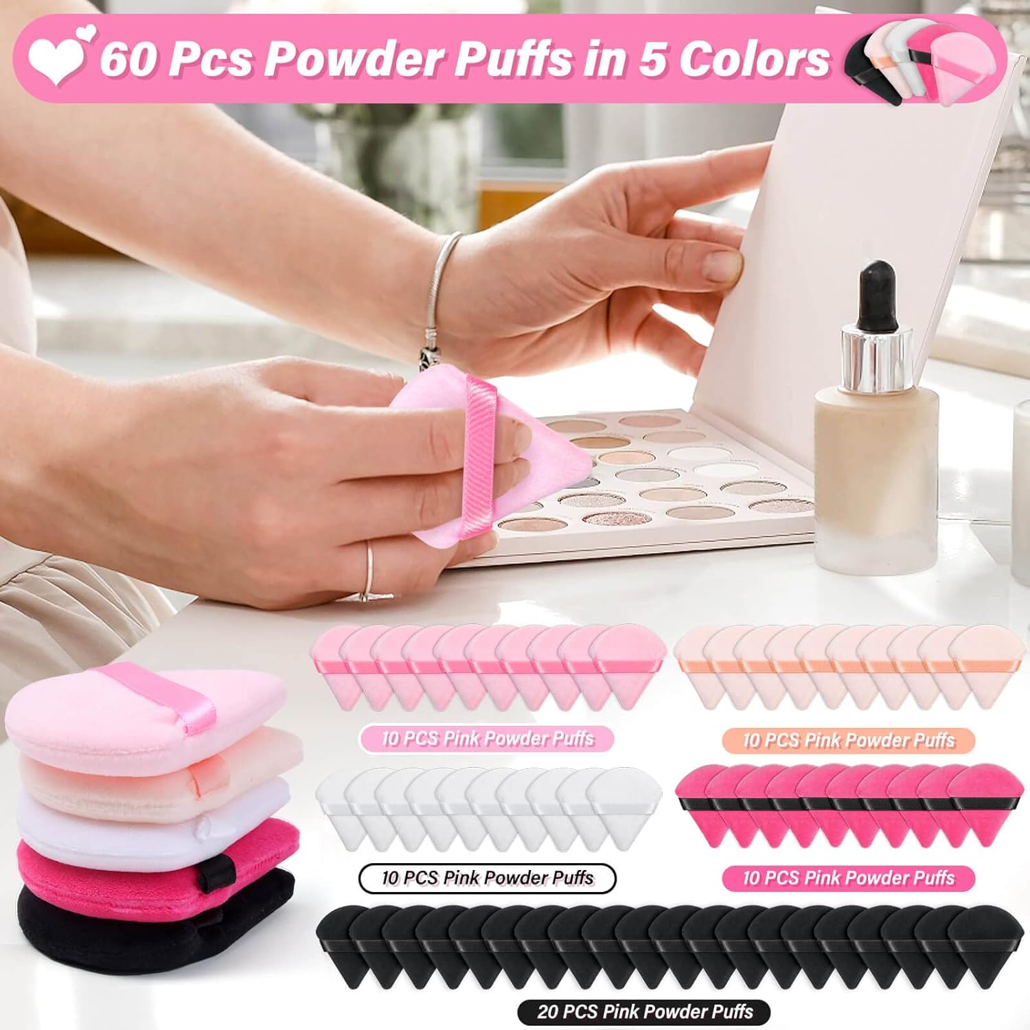 Caffox 60pcs powder puffs for face powder, Triangle Powder Puff for Setting Powder, Makeup Puffs for Loose Powder and Press Powder, Makeup Sponge Powder Applicator for Face and Eye-Velvo Beauty
