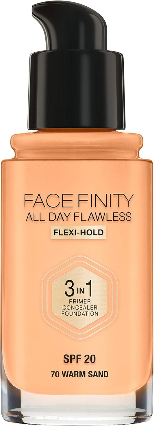 Max Factor Facefinity 3-in-1 All Day Flawless Liquid Foundation, SPF 20-70 Warm Sand, 30 ml-Velvo Beauty
